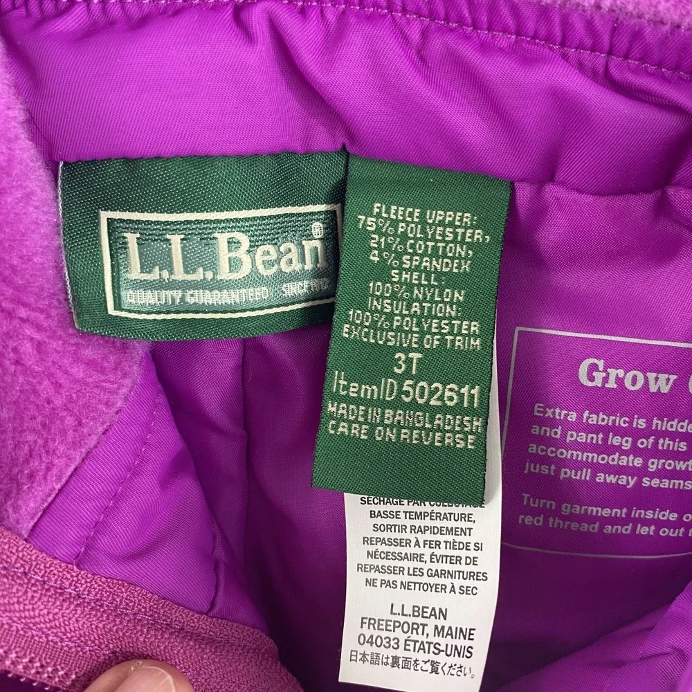 LL Bean Ski Bibs Pant Kids 3T Magenta Waterproof Insulated Fleece Lined Snow